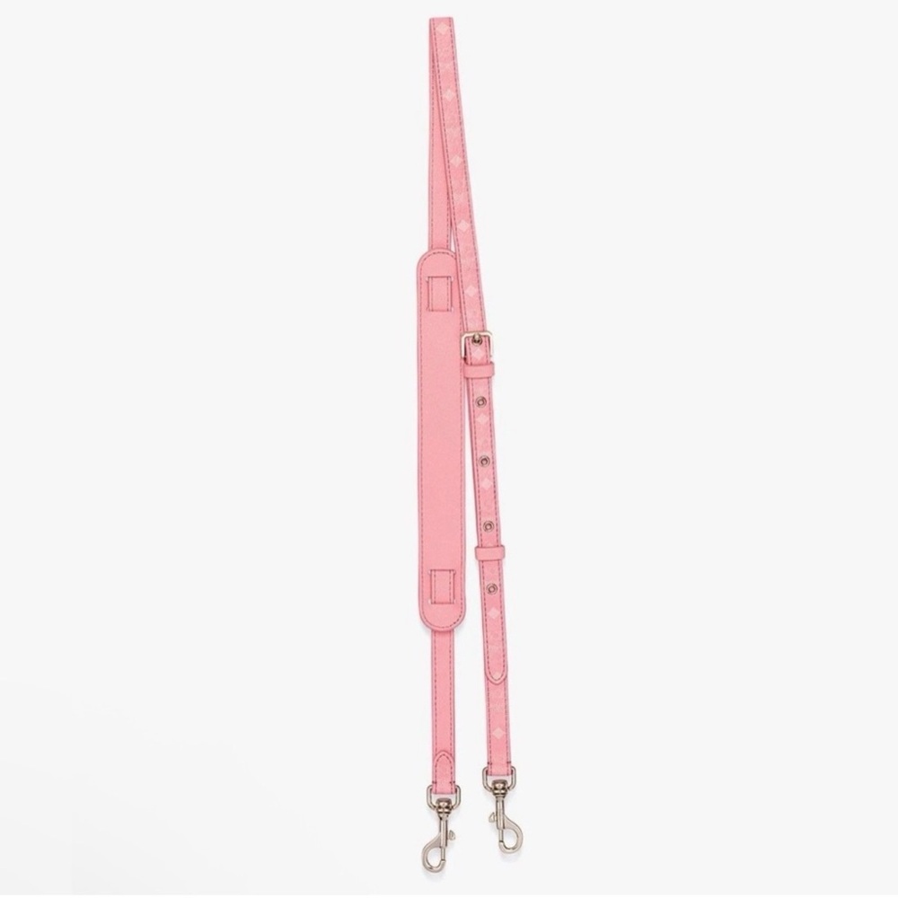 MCM Aren Buckle Strap in Blossom Pink Visetos monogram coated nappa leather.